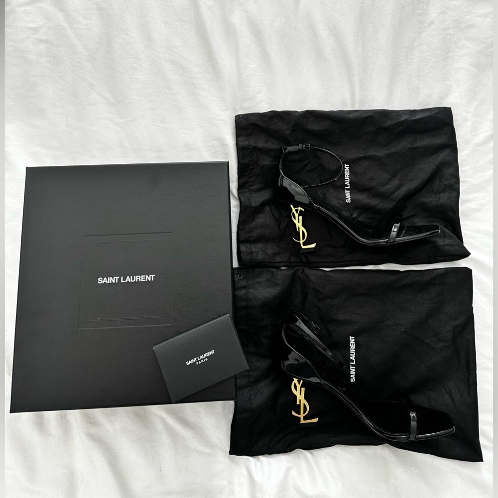 Saint Laurent Black Patent Leather Ankle Strap Heels